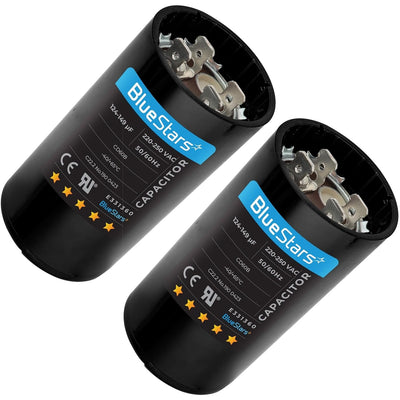Two 124-149 uF 220-250 VAC round start capacitors for AC motors and heat pumps.