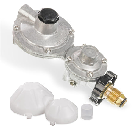 2-stage propane regulator with POL connection and protective plastic caps on a white background.