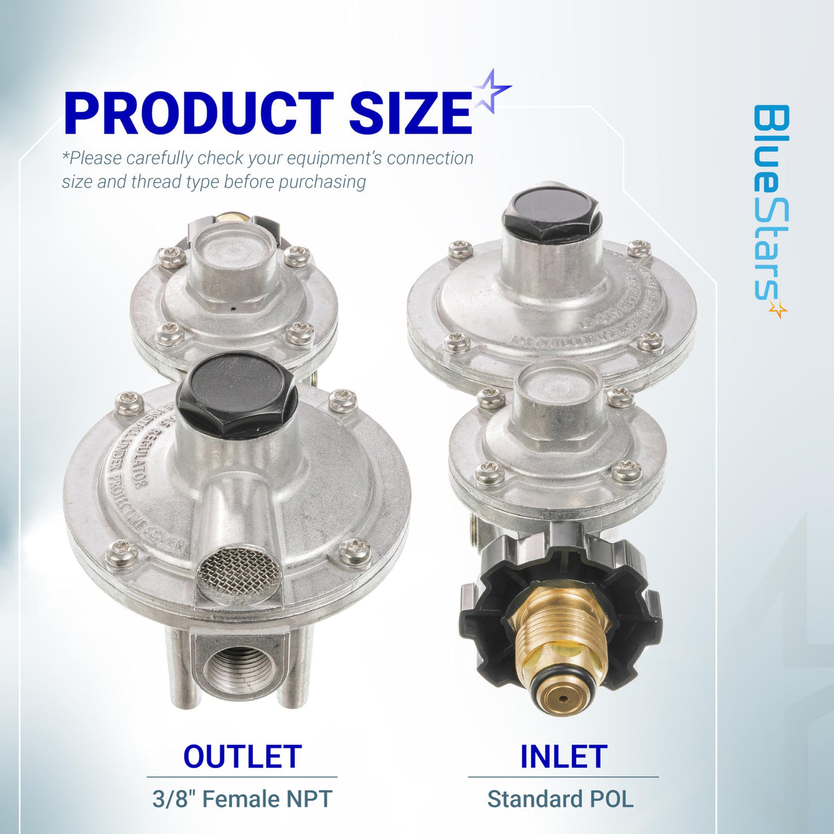 Two-stage propane regulator showing 3/8-inch female NPT outlet and standard POL inlet connection dimensions.