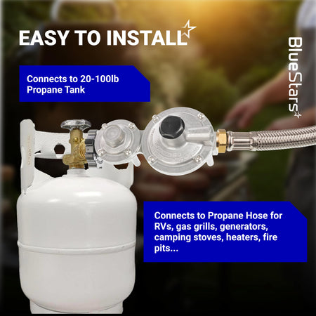 2-stage propane regulator with POL connection installed on a propane tank for RV and outdoor appliance use.