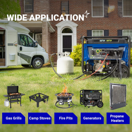 2 stage propane regulator used for RVs, generators, gas grills, camp stoves, fire pits, and heaters.