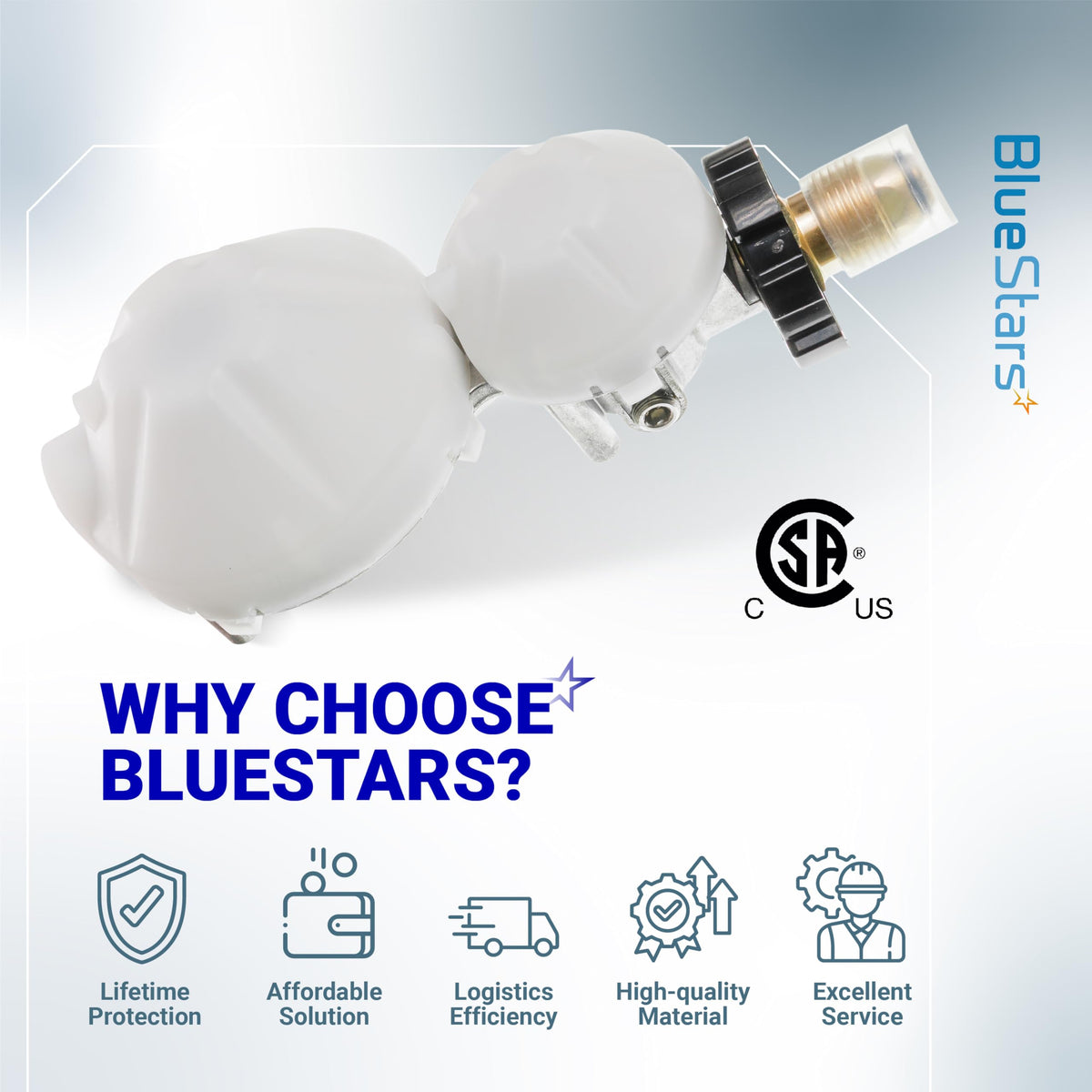2-stage propane regulator with POL connection for RVs and trailers on a promotional BlueStars background.