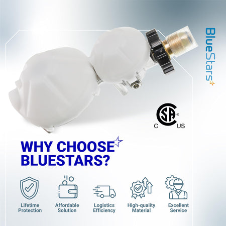 2-stage propane regulator with POL connection for RVs and trailers on a promotional BlueStars background.