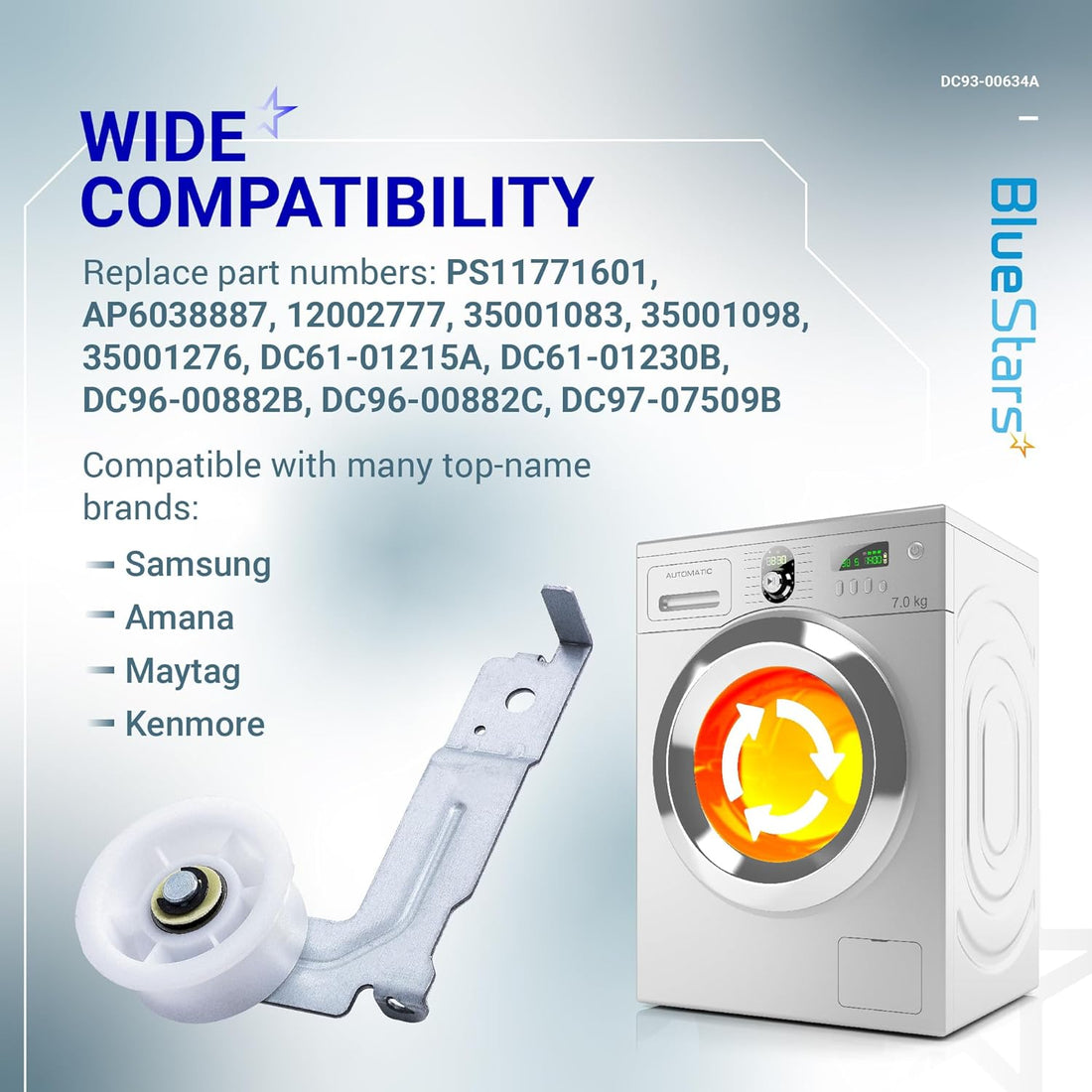 DC93-00634A dryer idler pulley assembly with compatibility list for Samsung, Amana, Maytag, and Kenmore dryers.