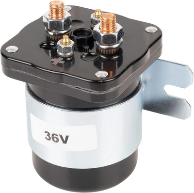36V 4-terminal golf cart solenoid replacement with mounting bracket and copper contact studs.