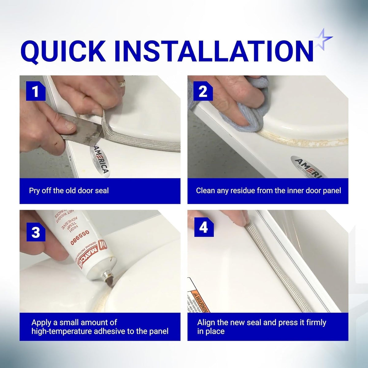 Four-step instructional guide for installing a W10535778 range oven door seal gasket.
