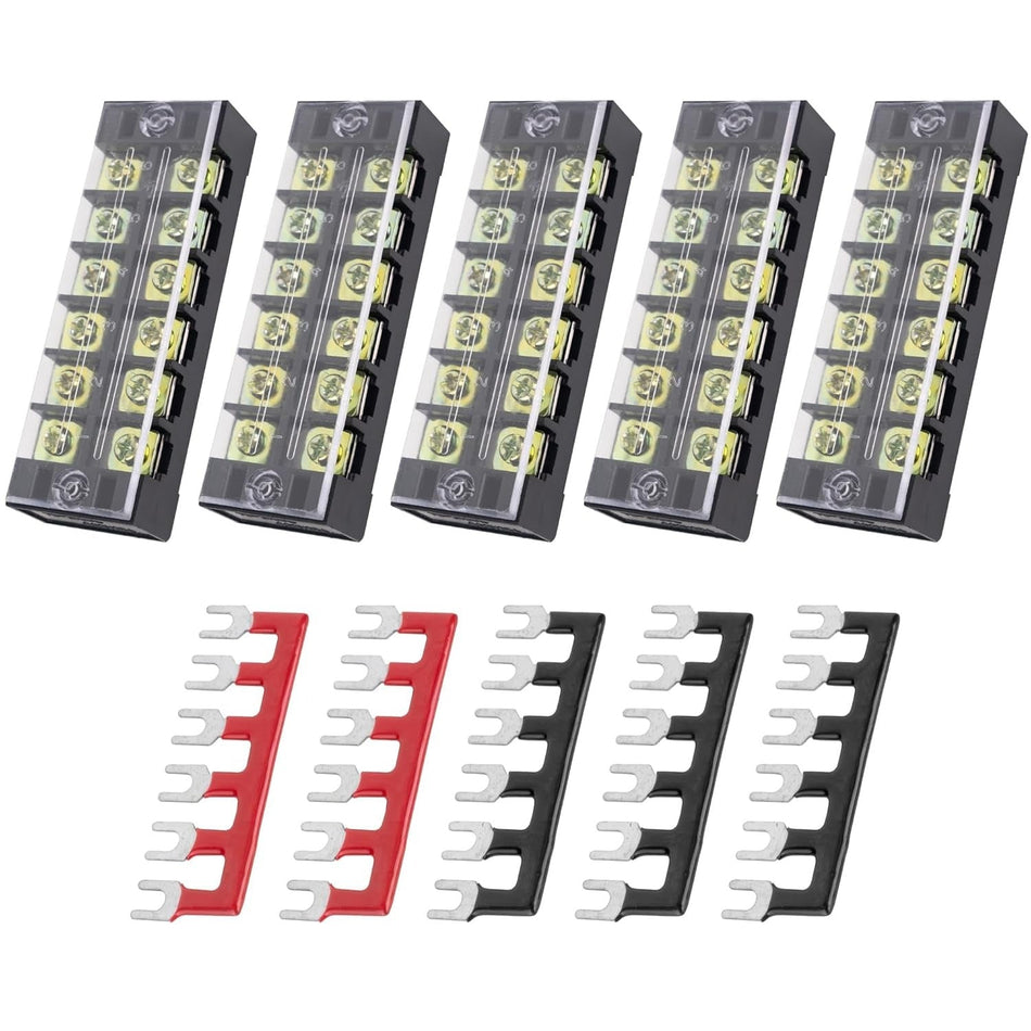 5-pack 6 Positions Terminal Strip Blocks 600V 25A with Cover and 5-pack 400V 25A 6 Positions Pre-Insulated Terminals Barrier Strip