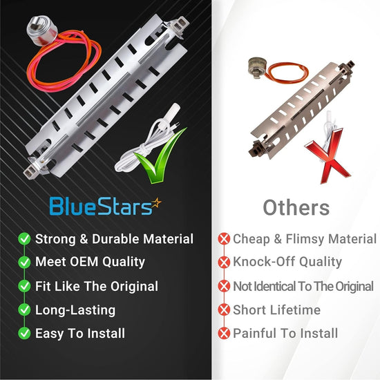 Comparison chart showing BlueStars refrigerator defrost heater, sensor, and thermostat kit versus generic parts.