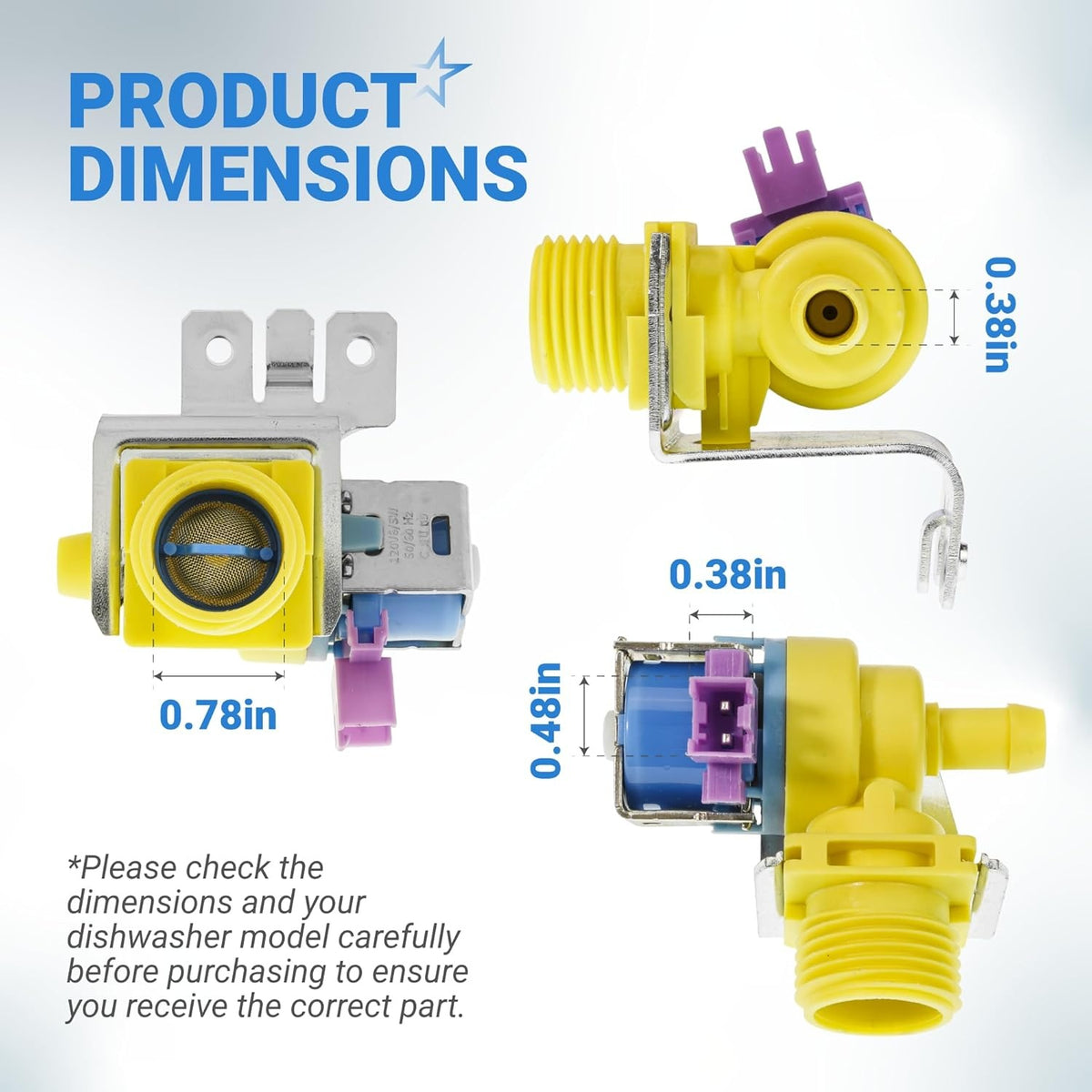 Dimensional diagram of WD15X26078 GE dishwasher water inlet valve showing component measurements from multiple angles.