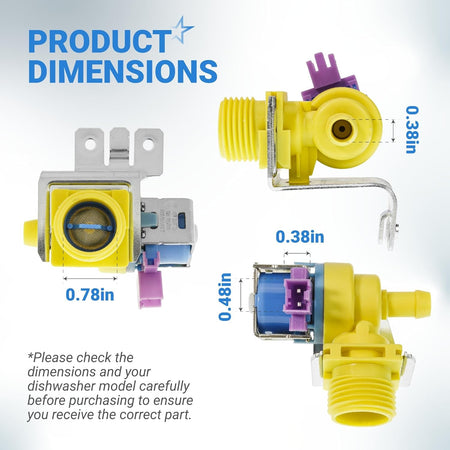 Dimensional diagram of WD15X26078 GE dishwasher water inlet valve showing component measurements from multiple angles.