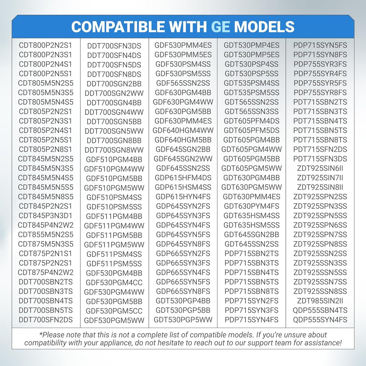 Compatibility chart for WD15X26078 dishwasher water inlet valve listing compatible GE dishwasher models.