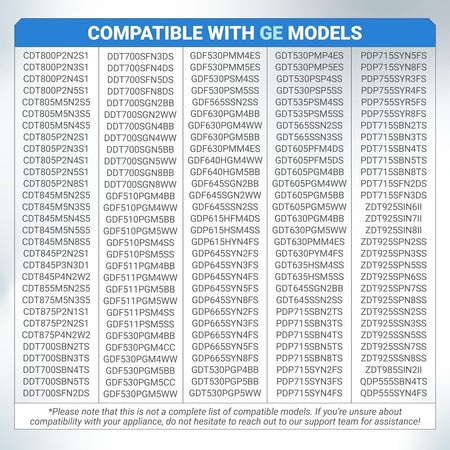Compatibility chart for WD15X26078 dishwasher water inlet valve listing compatible GE dishwasher models.
