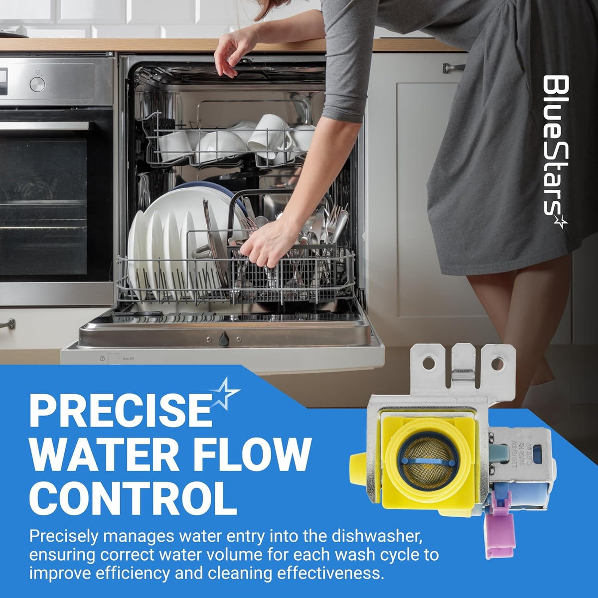 WD15X26078 dishwasher water inlet valve shown with a kitchen background and text highlighting precise water flow control.