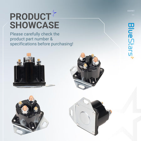 Multi-angle product showcase of Motor Products SS598T 4-terminal 12-volt starter solenoid.