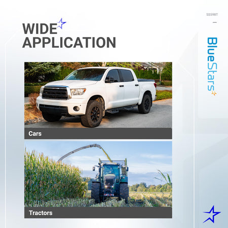 Infographic showing wide application of SS598T starter solenoid for cars and tractors.