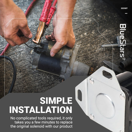 Hands installing a Motor Products SS598T starter solenoid on a vehicle engine component.