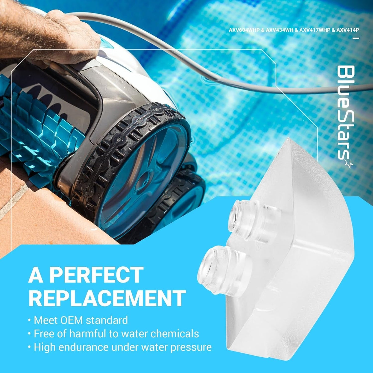 Replacement pod shoe for Hayward Navigator and Pool Vac Ultra cleaners shown in a product lifestyle graphic.
