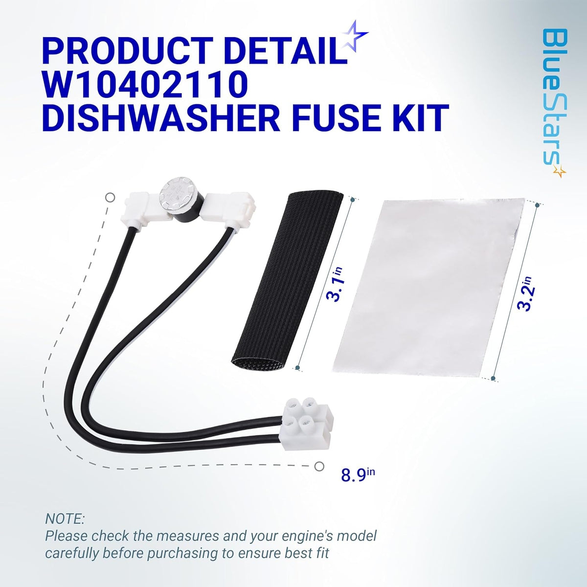 W10402110 dishwasher fuse kit with protective sleeve and foil, showing component dimensions for compatibility check.