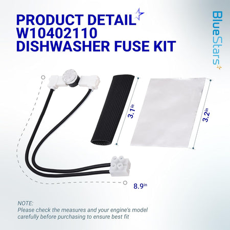 W10402110 dishwasher fuse kit with protective sleeve and foil, showing component dimensions for compatibility check.