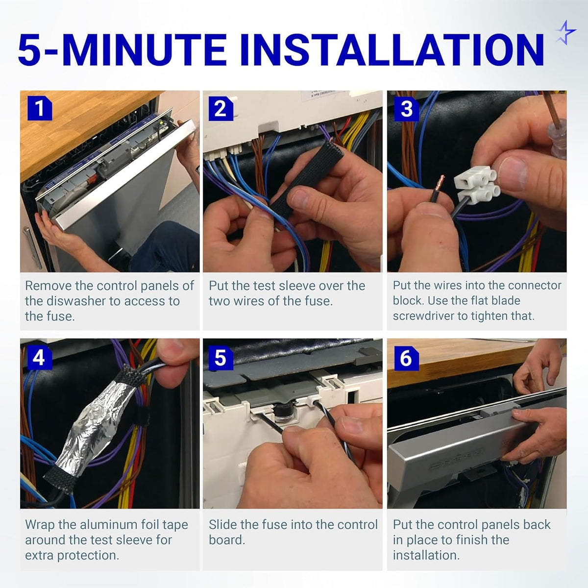 Six-step installation guide for W10402110 dishwasher fuse kit showing wiring and control panel assembly.