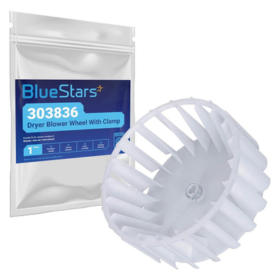 White dryer blower wheel with clamp and BlueStars 303836 replacement packaging.