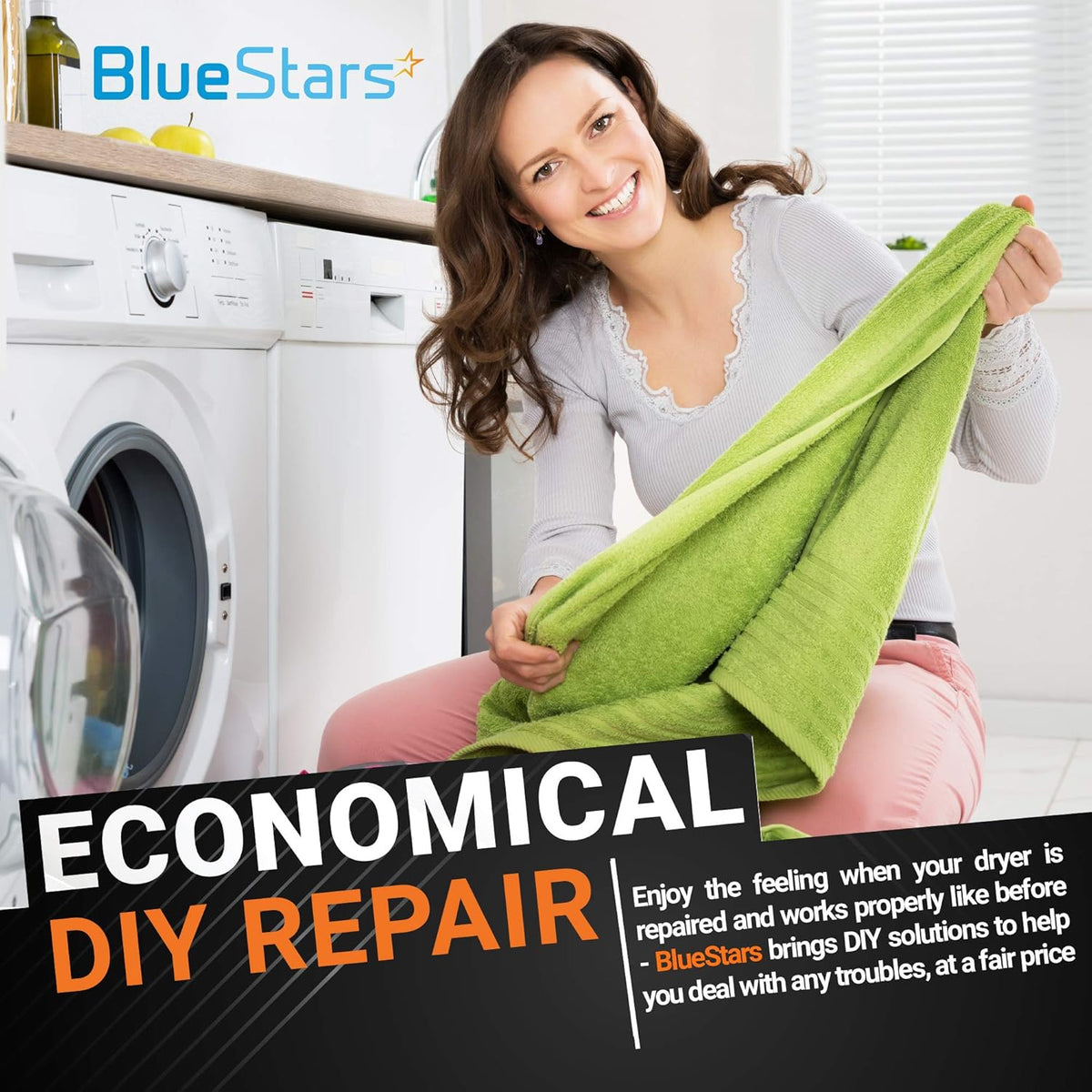 Woman holding a green towel in front of a dryer with text overlay promoting economical DIY dryer repair solutions.