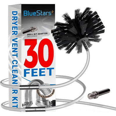 BlueStars 30-foot dryer vent cleaner kit with brush, flexible rods, and drill bit adapter in retail packaging.