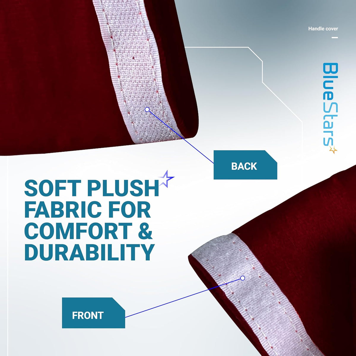 Close-up of red microwave door handle cover showing soft plush fabric texture and hook-and-loop fastener detail.