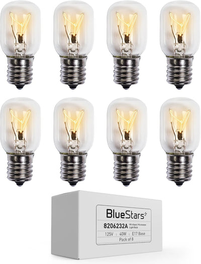 Pack of 8 8206232A microwave oven replacement bulbs with E17 base and storage box.
