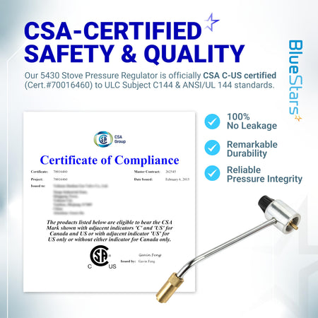 5430 gas stove pressure regulator replacement with CSA certificate of compliance for Coleman propane stoves.