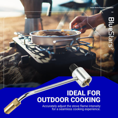 5430 gas stove pressure regulator replacement for Coleman propane stoves shown in a lifestyle outdoor cooking graphic.