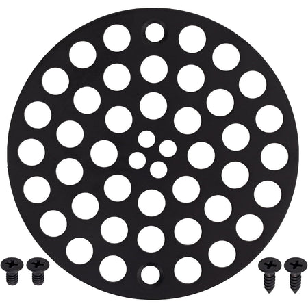 4-inch black metal shower drain strainer cover with four included mounting screws.
