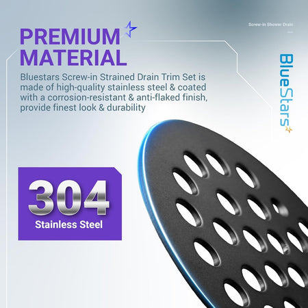 Close-up of 4-inch stainless steel shower drain strainer cover with corrosion-resistant finish.