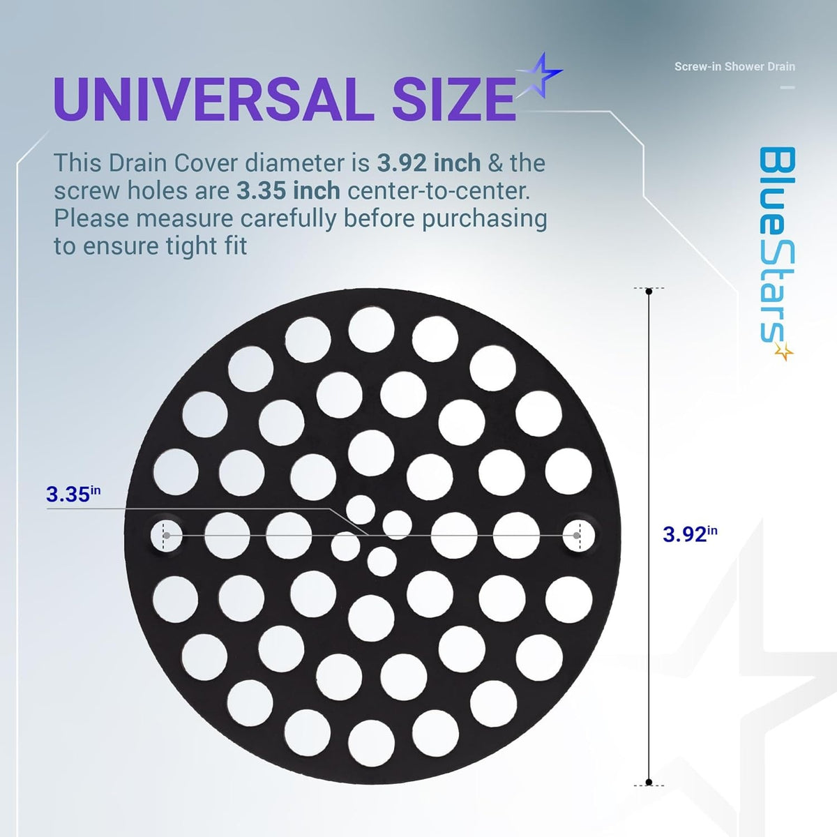 Dimension diagram of 4-inch metal shower drain cover showing 3.92-inch diameter and 3.35-inch screw hole spacing.