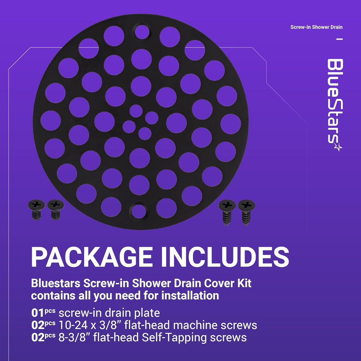 4-inch round metal shower drain cover with included machine and self-tapping installation screws.