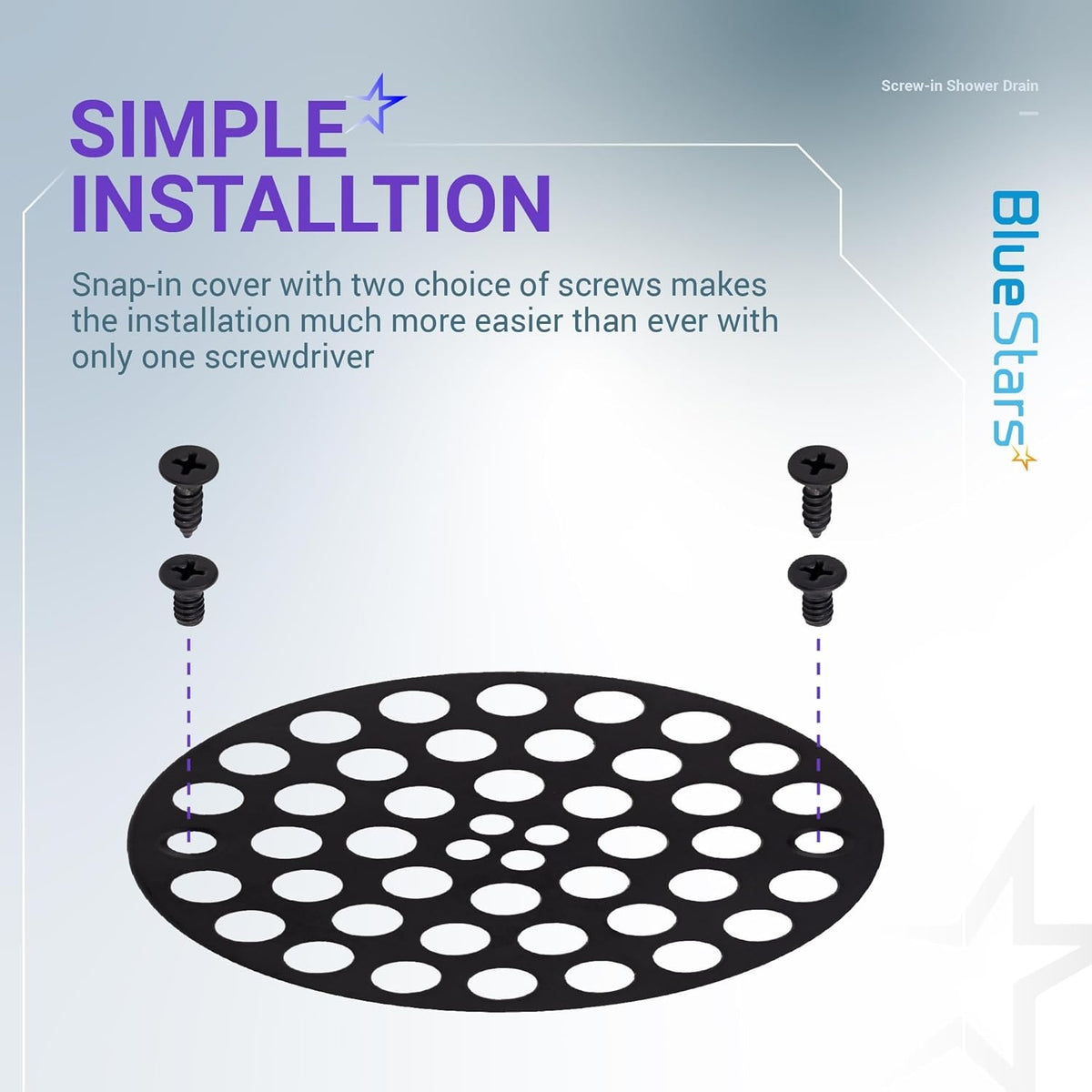 4-inch metal shower drain cover with machine and self-tapping screw installation diagram.