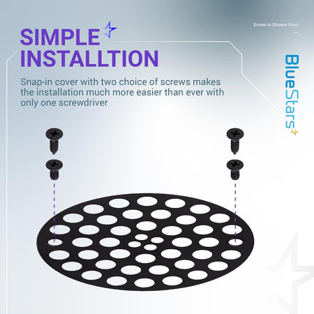 4-inch metal shower drain cover with machine and self-tapping screw installation diagram.