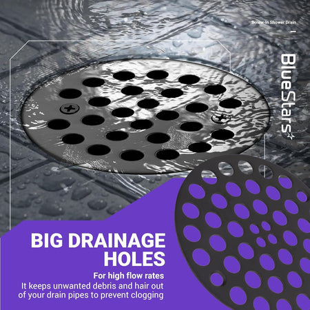 4-inch metal screw-in shower drain cover with large drainage holes installed in a tiled shower floor.