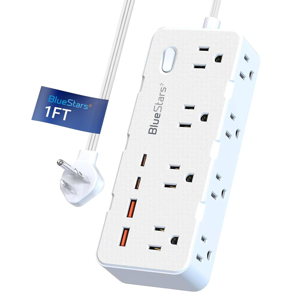 Extension Cord 1Ft 8 Outlets Power Strip Flat Plug Surge Protector with 4 USB
