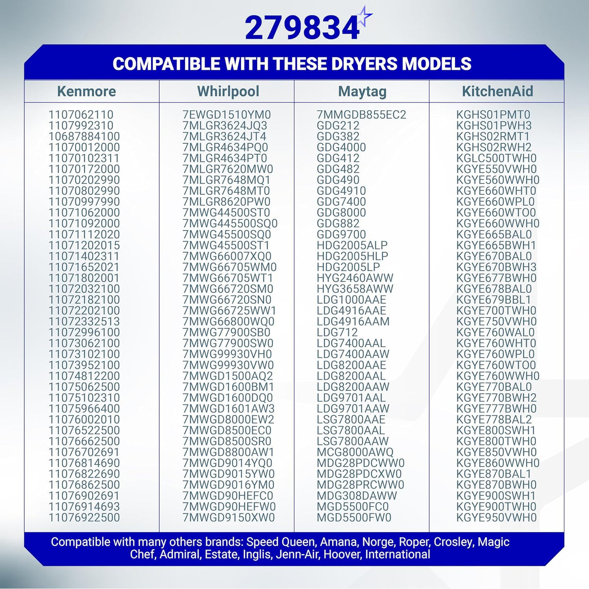 279834 Dryer Gas Valve Ignition Solenoid Coil Kit compatibility chart for Kenmore, Whirlpool, Maytag, and KitchenAid models