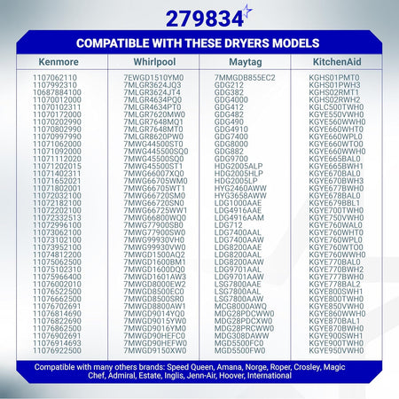 279834 Dryer Gas Valve Ignition Solenoid Coil Kit compatibility chart for Kenmore, Whirlpool, Maytag, and KitchenAid models