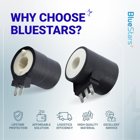 279834 Dryer Gas Valve Ignition Solenoid Coil Kit, two black solenoid coils shown with Bluestar benefits icons