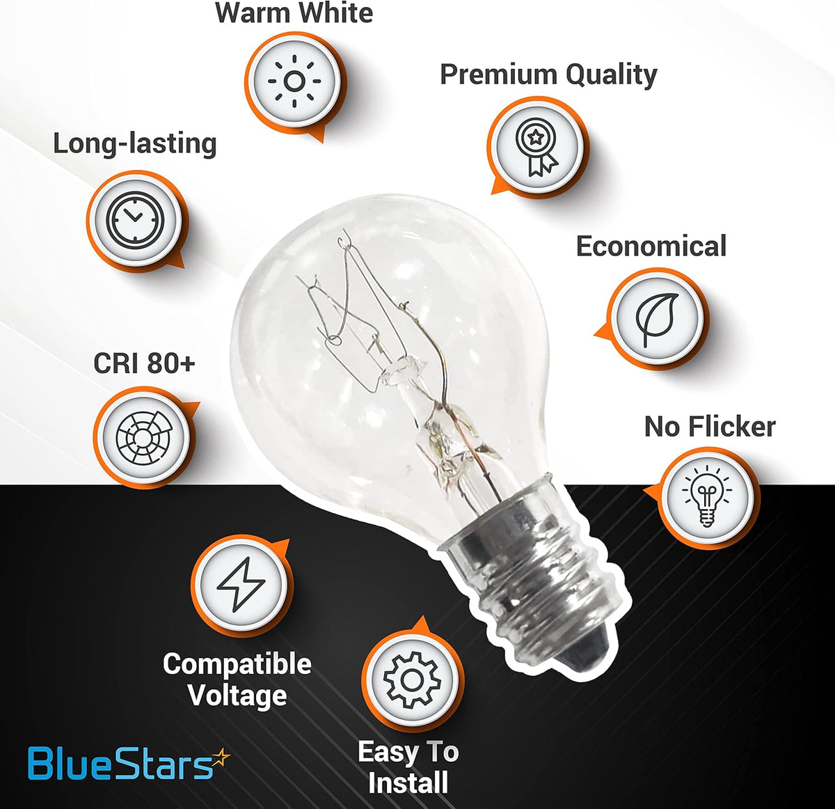 G30 E12 20W replacement bulb for Scentsy warmers with infographic highlighting key features and benefits.