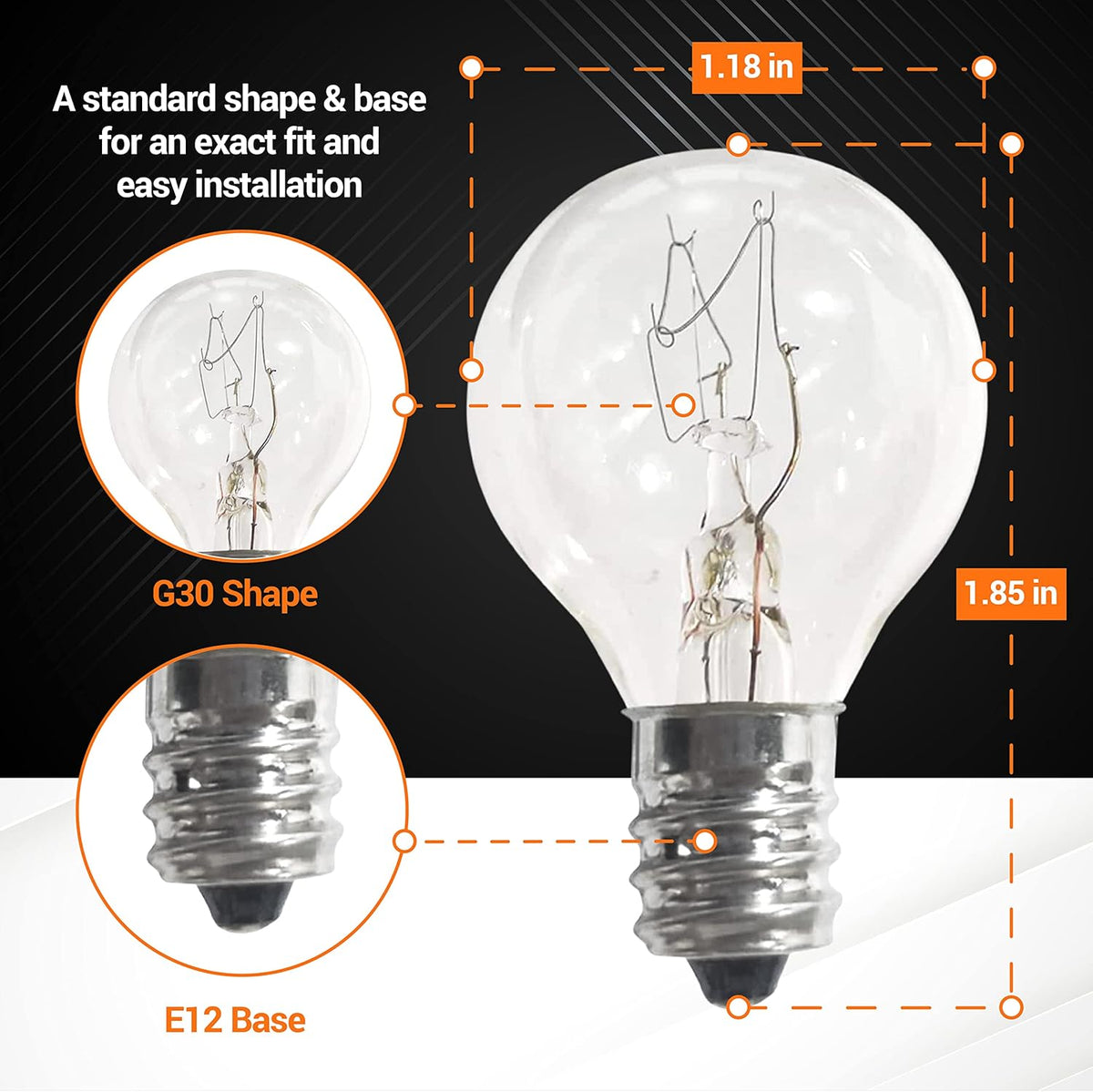 G30 20W bulb with E12 base showing dimensions of 1.18 inches wide and 1.85 inches tall for Scentsy warmers.