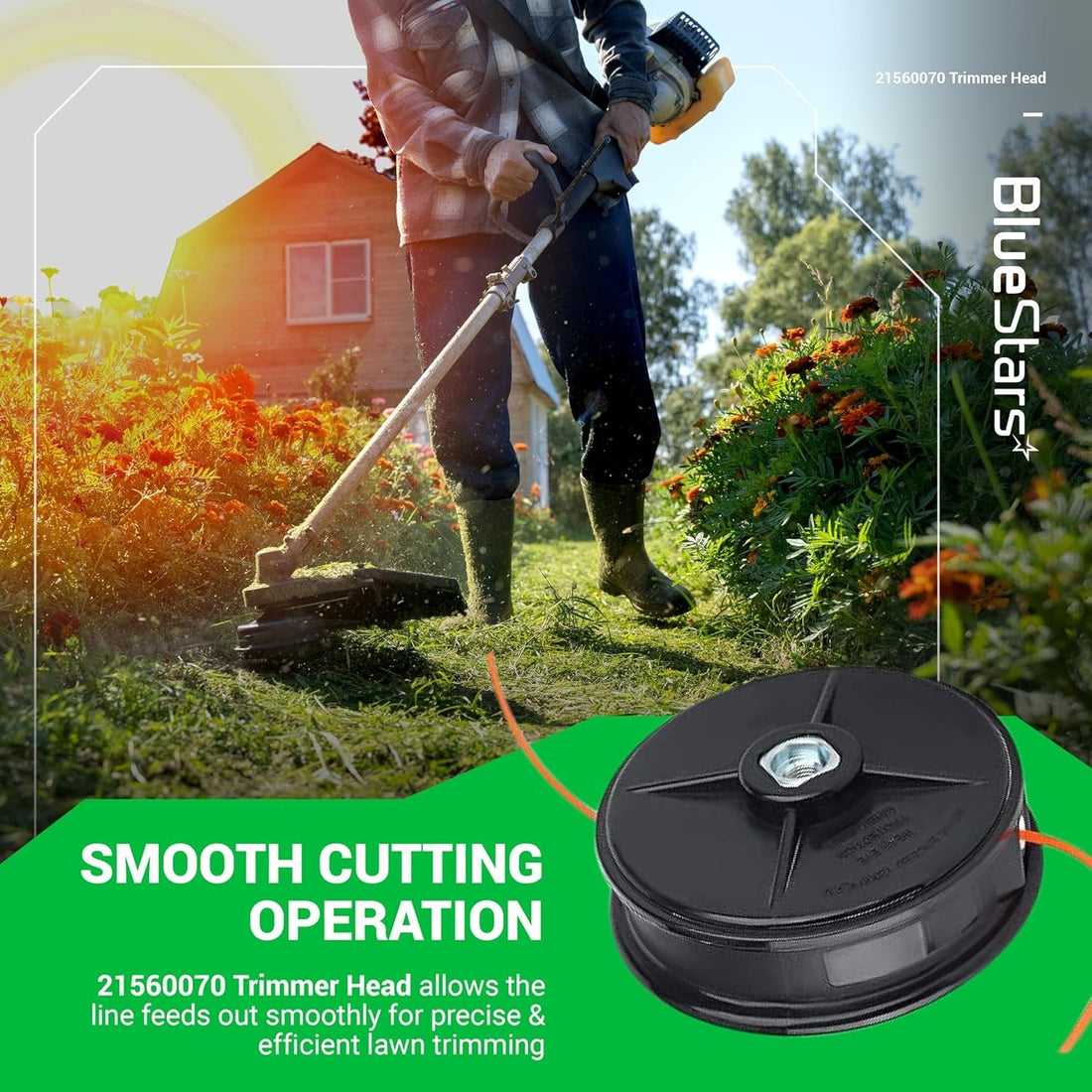 21560070 replacement trimmer head for Echo straight shaft weed wackers shown in a lifestyle product graphic.