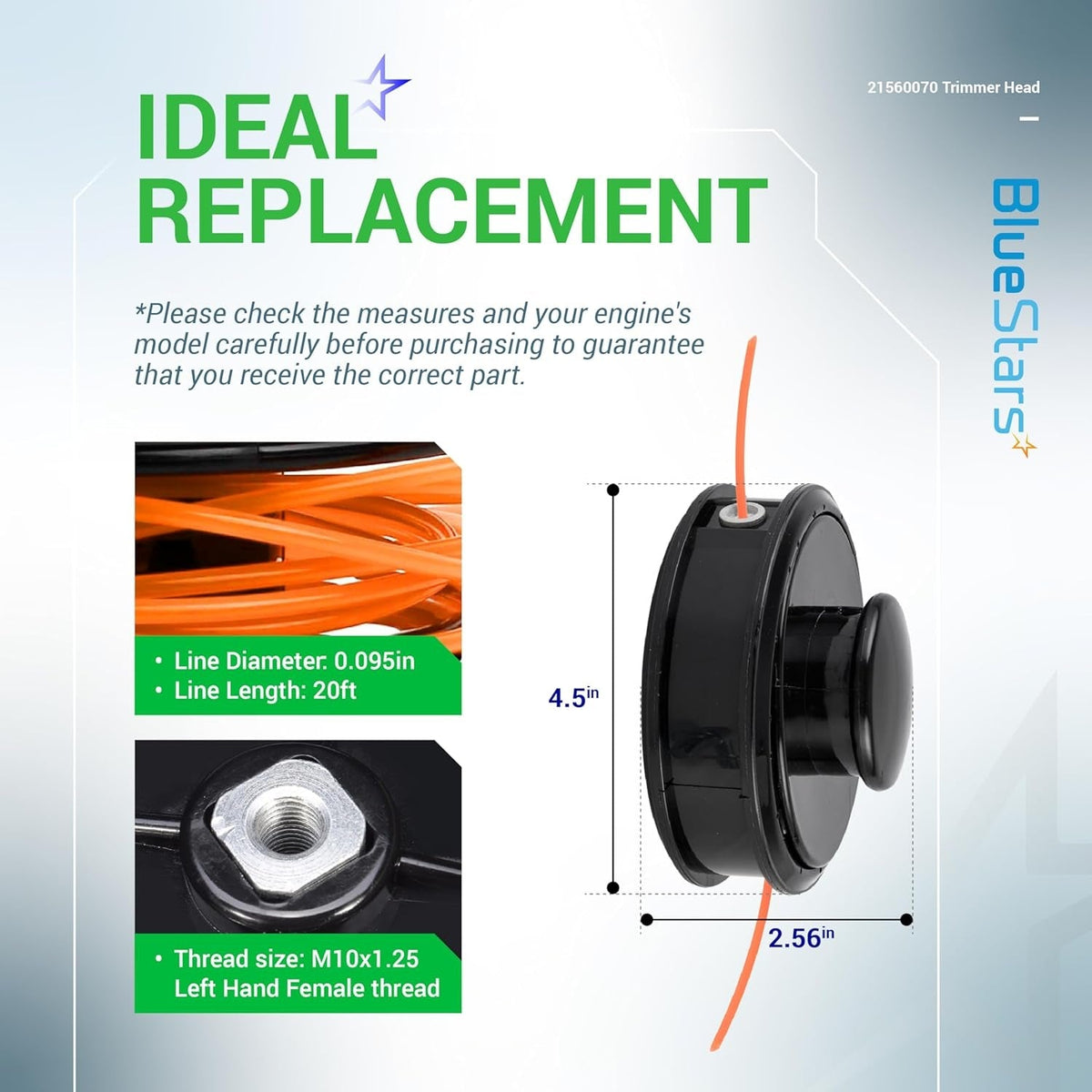 21560070 SRM trimmer head dimension diagram showing 4.5-inch diameter, 2.56-inch height, and M10x1.25 thread size.