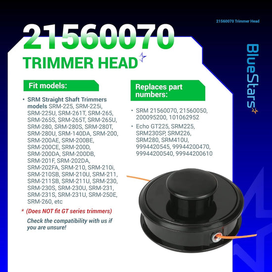 Infographic showing 21560070 trimmer head compatibility and replacement part numbers for Echo SRM straight shaft trimmers.