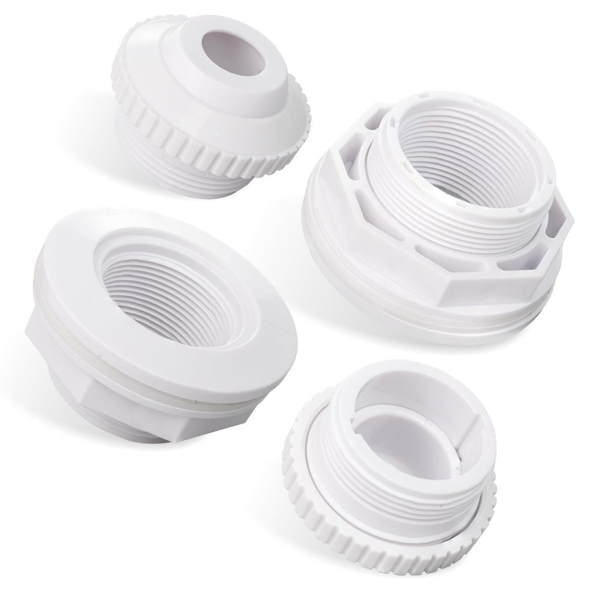 Set of two SP1023 pool return fittings and SP1419D directional flow eyeball jets for above ground pools.
