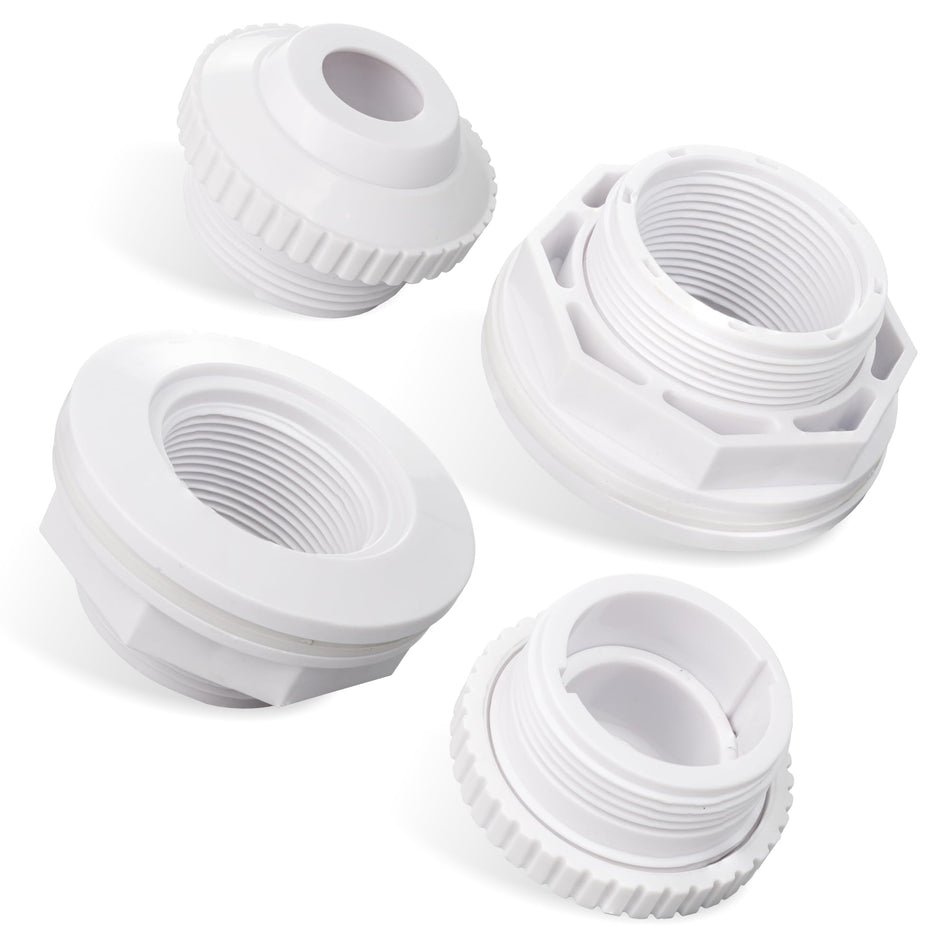 Set of two SP1023 pool return fittings and SP1419D directional flow eyeball jets for above ground pools.