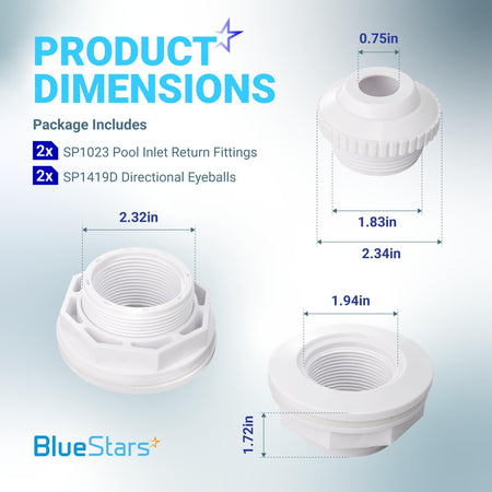 Dimensional diagram showing SP1023 pool inlet return fitting and SP1419D directional eyeball jet with measurements.